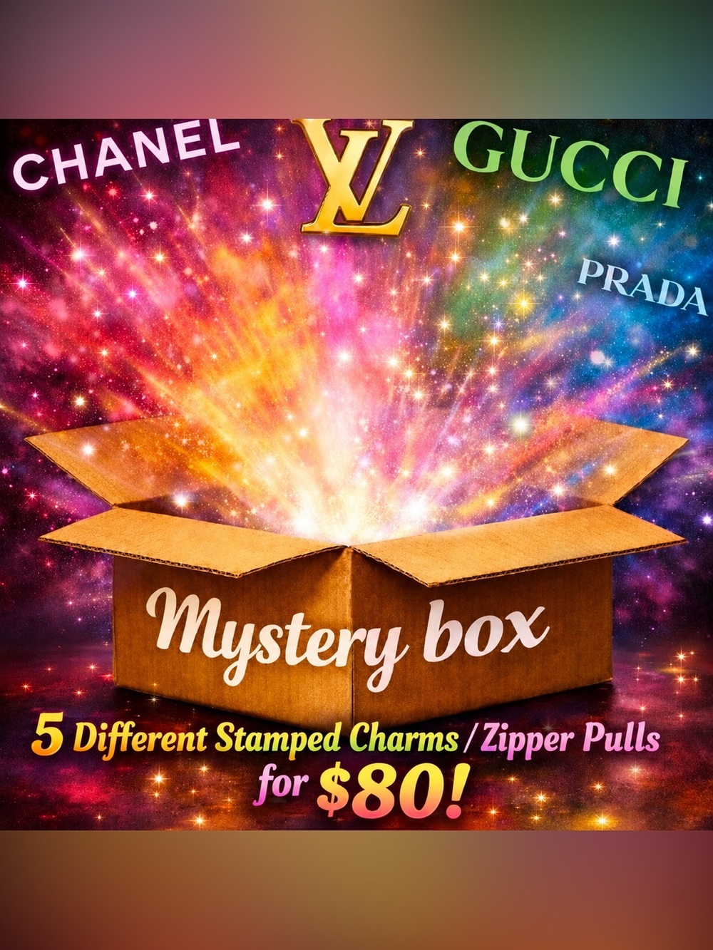 Mystery Box with 5 Stamped Charms/pendants/Zipper pulls. All will be different
